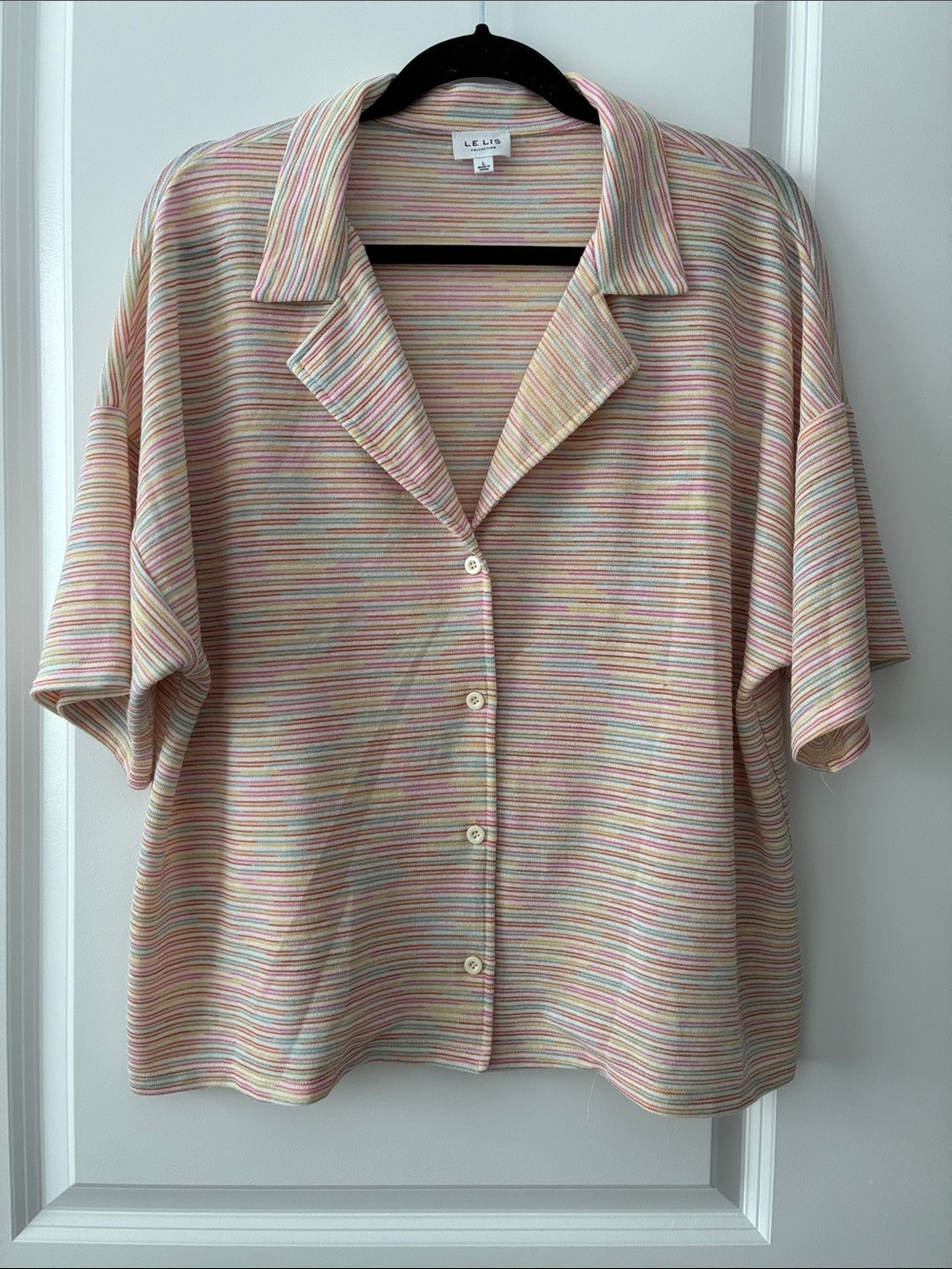Le Lis Size L Rainbow Striped Multicolour Bright Collared Short Sleeve Top